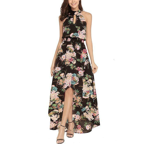 Women Boho Floral Print Long Party Dress Sexy Women Summer Halter Sundress Casual Off Shoulder Maxi Irregular Beach Dress 2023