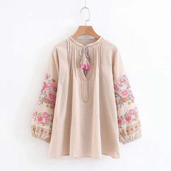 Women Boho Inspird Floral Embroidered Blouse Lantern Sleeve V-Neck Tassles Casual Shirts Full Fall Chic Ukraine Blouses