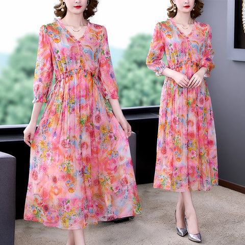 Women Boho Print Floral Chiffon Midi Dress 2023 Korean Vintage Causal Party Dress Spring Summer Light Elegant Beach Sundress
