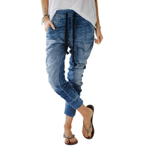 Women Boyfriend Jeans Elasticity High Waist Dark Solid Skinny Denim Pants Causal Large Size Vintage 90s Mom Trousers 696