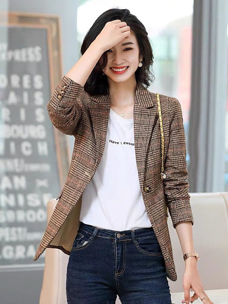 Women Brown High Street Plaid Female Blazer Autumn Single Breasted Office Lady Formal Suit Business Classic Chic  Coat