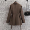 Women Brown Pocket Big Size Blazer Lapel Long Sleeve Loose Fit Jacket Tide Spring Autumn Designed Office Suits Coat