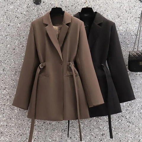 Women Brown Pocket Big Size Blazer Lapel Long Sleeve Loose Fit Jacket Tide Spring Autumn Designed Office Suits Coat