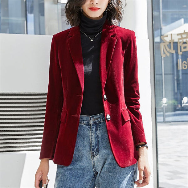Women Burgundy Velvet Blazer Korea Casual Blazers Jackets Work Coat Outerwear Autumn Career Female Jacket Office Lady