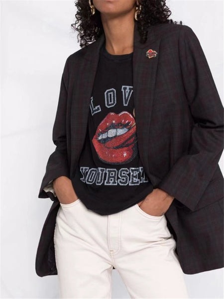 Women Business Blazer Coat Plaid Long Sleeve Letters Heart Decoration Single Buttons Ladies Casual Jacket Tops