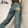 Women Butterfly Print Academic Jeans Y2K E-Girl Fairycore Grunge High Waist Denim Trousers Harajuku Vintage Baggy Mom Flare Pant