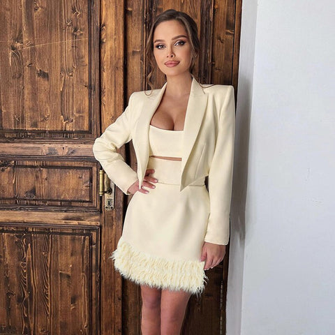 Women Button Feather Sexy 2 Piece Set V-Neck Long Sleeve Crop Top Blazer High Waist Mini Skirts Suit Office Party Streetwear