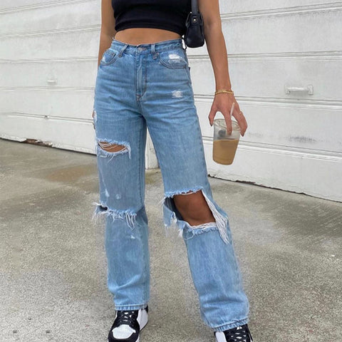 Women Button High Waist Pocket Elastic Hole Jeans Trousers Loose Denim Pant Streetwear Blue Vintage Jeans Harajuku Straight Pant