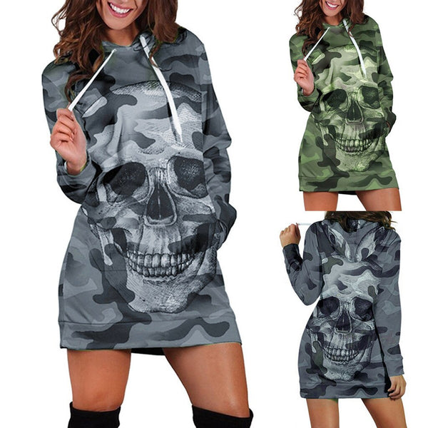 Women Camouflag Skull Print Mini Dress Hoodies Sweatshirt Oversize Long Sleeve Pullover Hooded Streetwear Sweatshirt #T2Q