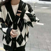 Women Cardigan Knitted Sweater Winter Plaid Single-Breasted Jumper Long Sleeve V-Neck Warm Sweater Casual Loose Jersey Mujer