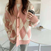 Women Cardigan Knitted Sweater Winter Plaid Single-Breasted Jumper Long Sleeve V-Neck Warm Sweater Casual Loose Jersey Mujer
