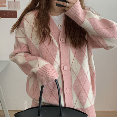 Women Cardigan Knitted Sweater Winter Plaid Single-Breasted Jumper Long Sleeve V-Neck Warm Sweater Casual Loose Jersey Mujer