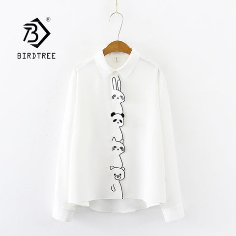 Women Cartoon Rabbit Panda Cat Bear Embroidery Cotton White Shirt Turn-Down Collar Button Up Cute Girls Blouse Feminina Blusa T9