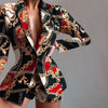 Women Casual Autumn Winter Short Commute Suit Set Elegant Slim Long Sleeves Printed Lapel Jacket Shorts Streetwear Sets