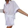 Women Casual Cotton Linen Two-piece Suit Loose Solid Colour Half Sleeve Lapel Neck Button-up Shirt+Drawstring Shorts Outfits