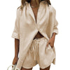 Women Casual Cotton Linen Two-piece Suit Loose Solid Colour Half Sleeve Lapel Neck Button-up Shirt+Drawstring Shorts Outfits