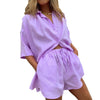 Women Casual Cotton Linen Two-piece Suit Loose Solid Colour Half Sleeve Lapel Neck Button-up Shirt+Drawstring Shorts Outfits