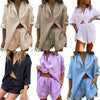 Women Casual Cotton Linen Two-piece Suit Loose Solid Colour Half Sleeve Lapel Neck Button-up Shirt+Drawstring Shorts Outfits