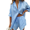Women Casual Cotton Linen Two-piece Suit Loose Solid Colour Half Sleeve Lapel Neck Button-up Shirt+Drawstring Shorts Outfits