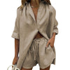 Women Casual Cotton Linen Two-piece Suit Loose Solid Colour Half Sleeve Lapel Neck Button-up Shirt+Drawstring Shorts Outfits