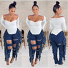 Women Casual Denim Trouser Side Tassels Patchwork High Waist Big Hole Pencil Pant Streetwear Stretchy Skinny Long Jeans