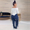 Women Casual Denim Trouser Side Tassels Patchwork High Waist Big Hole Pencil Pant Streetwear Stretchy Skinny Long Jeans