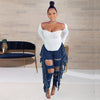 Women Casual Denim Trouser Side Tassels Patchwork High Waist Big Hole Pencil Pant Streetwear Stretchy Skinny Long Jeans
