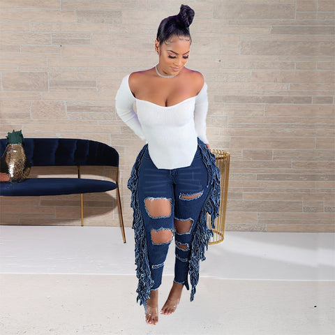 Women Casual Denim Trouser Side Tassels Patchwork High Waist Big Hole Pencil Pant Streetwear Stretchy Skinny Long Jeans