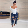 Women Casual Denim Trouser Side Tassels Patchwork High Waist Big Hole Pencil Pant Streetwear Stretchy Skinny Long Jeans