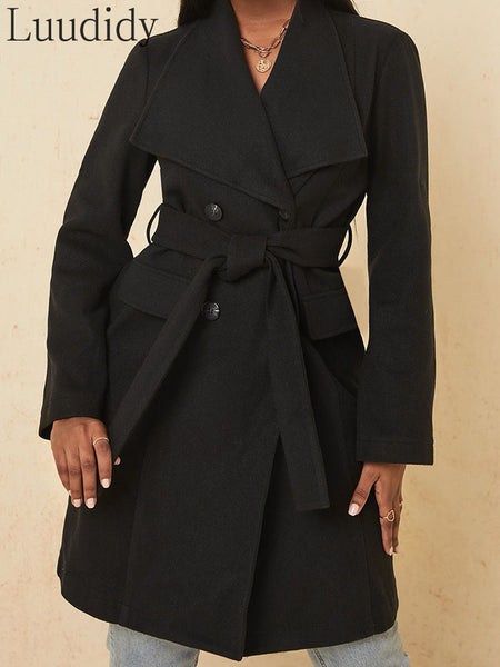 Women Casual Double Breasted Pockets Blazer Coat With Waist Belt