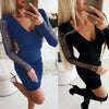 Women Casual Dress Sexy Pearl Hollow Sleeve Party Dress Ladies Bodycon Dress Sheath Long Sleeve Winter Dress Clubwear Mini Dress
