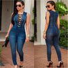 Women Casual Eyelet Button Hole Denim Jumpsuit Lace Up Sleeveless Back Zipper Long Jeans Jumpsuit Plus Size Bodycon Overalls