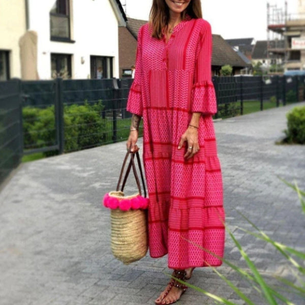 Women Casual Flare Sleeve Loose Long Dress 2023 Spring V Neck Floral Print Party Dress Female Elegant A-Line Maxi Dress Vestidos