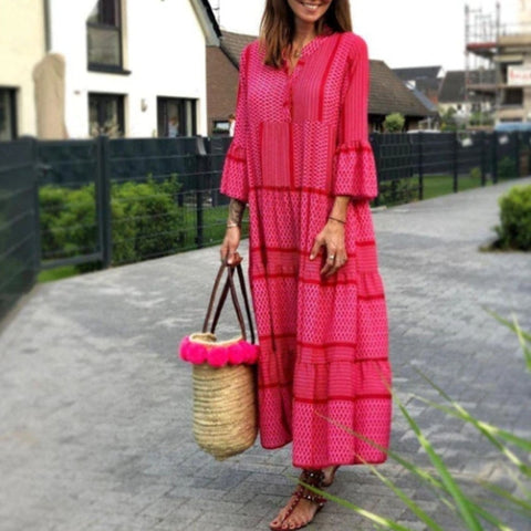 Women Casual Flare Sleeve Loose Long Dress 2023 Spring V Neck Floral Print Party Dress Female Elegant A-Line Maxi Dress Vestidos