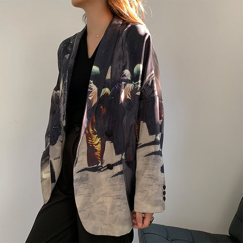 Women Casual Floral Print Pattern Blazer Jacket Femme Vintage 2023 Autumn Loose Outwear Striped Blazers Coat Fashion