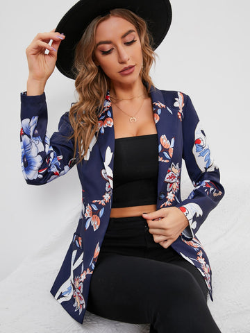 Women Casual Floral Print Single Button Blazer Spring Fall  Button Front  Lapel Suit