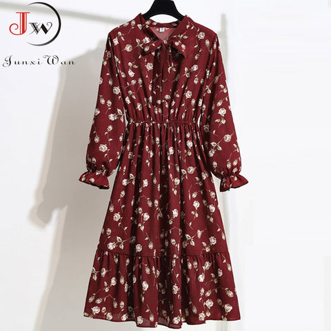 Women Casual Long Sleeve Chiffon Dress Spring Autumn Elegant Vintage Floral Printed Shirt Dress Bow Midi Summer Dress Vestidos