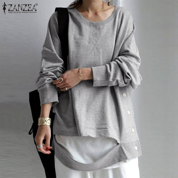 Women Casual Long Sleeve Hollow Out Blouse ZANZEA Vintage O Neck Hoodies 2022 Autumn Loose Button Sweatshirt  Irregular Pullover