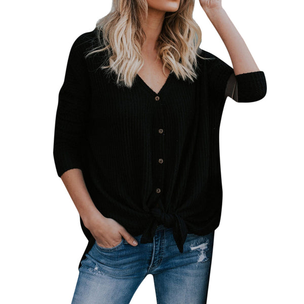 Women Casual Long Sleeve V Neck Loose Blouse Women Front Tie Tunic Tops Autumn And Spring Knit Wear Female Shirt Tops blusas