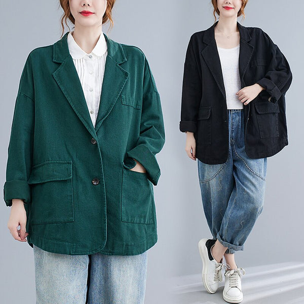 Women Casual Loose Short Suit Jacket Thin Urban All-Match Temperament Elegant  Office Ladies Pocket Green Blazers