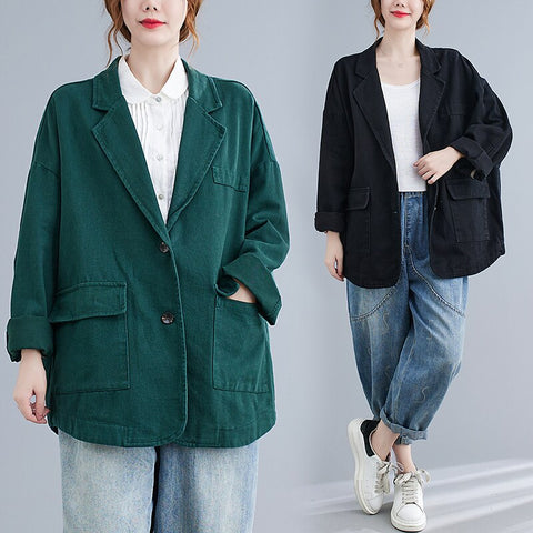 Women Casual Loose Short Suit Jacket Thin Urban All-Match Temperament Elegant  Office Ladies Pocket Green Blazers