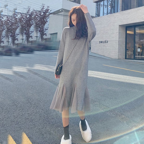 Women Casual Maxi Dress Autumn Knitting Party Dress Loose Sweater Long Dresses Plus Size