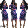 Women Casual O-neck Print Long Sleeve Bodycon Party Long Dress Ladies Sexy Striped Clubwear Dresses