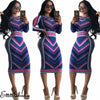 Women Casual O-neck Print Long Sleeve Bodycon Party Long Dress Ladies Sexy Striped Clubwear Dresses