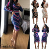 Women Casual O-neck Print Long Sleeve Bodycon Party Long Dress Ladies Sexy Striped Clubwear Dresses
