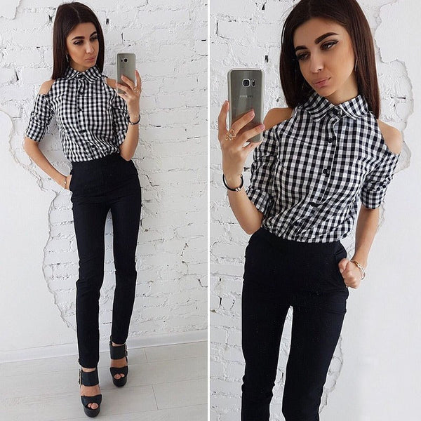 Women Casual Off Shoulder Tops And Blouses Long Sleeve Plaid Turn Down Collar Shirt 2022 Autumn New Fashion Ladies Blouse Shirt