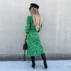 Women Casual Print Green Dress Long Sleeve Button Lace Up Female Midi Frocks Jumper Split Vestidos High Waist Woman Dresses 2022
