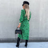 Women Casual Print Green Dress Long Sleeve Button Lace Up Female Midi Frocks Jumper Split Vestidos High Waist Woman Dresses 2022
