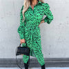 Women Casual Print Green Dress Long Sleeve Button Lace Up Female Midi Frocks Jumper Split Vestidos High Waist Woman Dresses 2022