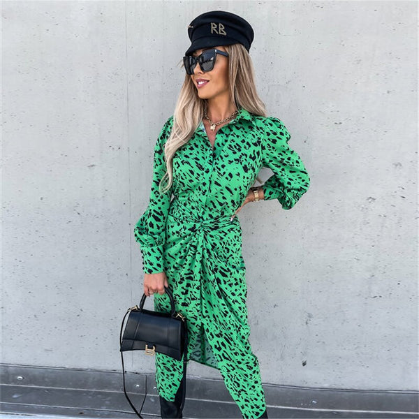 Women Casual Print Green Dress Long Sleeve Button Lace Up Female Midi Frocks Jumper Split Vestidos High Waist Woman Dresses 2022